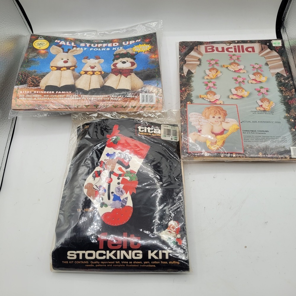 Lot 3 Crafts Felt‎ Christmas Kits Stocking Cherubs Reindeer Snowman